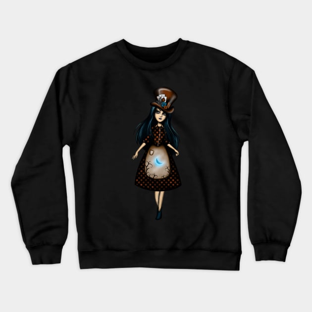 Steampunk Girl Blue Haired Girl with Hat Crewneck Sweatshirt by DeneboArt